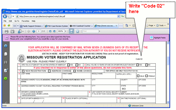 Image of Voter Registration Form with a call out box saying -Write "Code 02" here