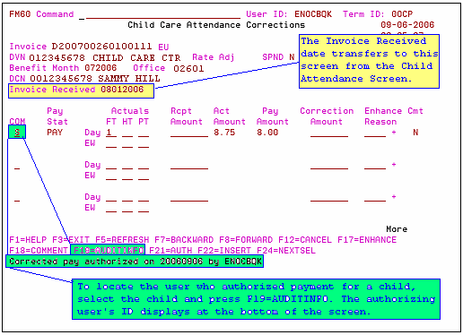 image of Child Care Corrections screen