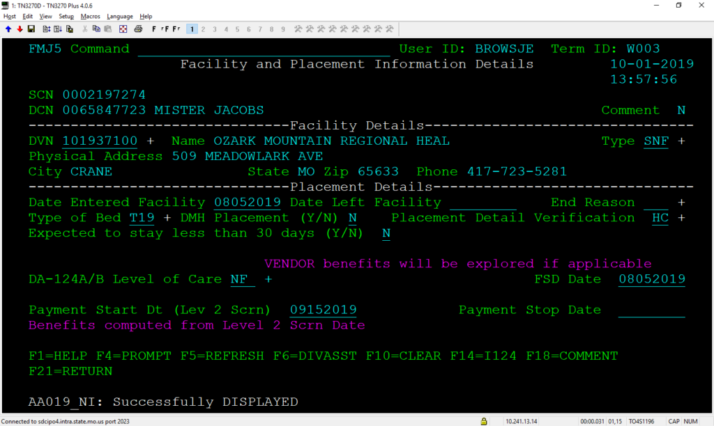 Facility and Placement Information Details (FMJ5) screen in FAMIS